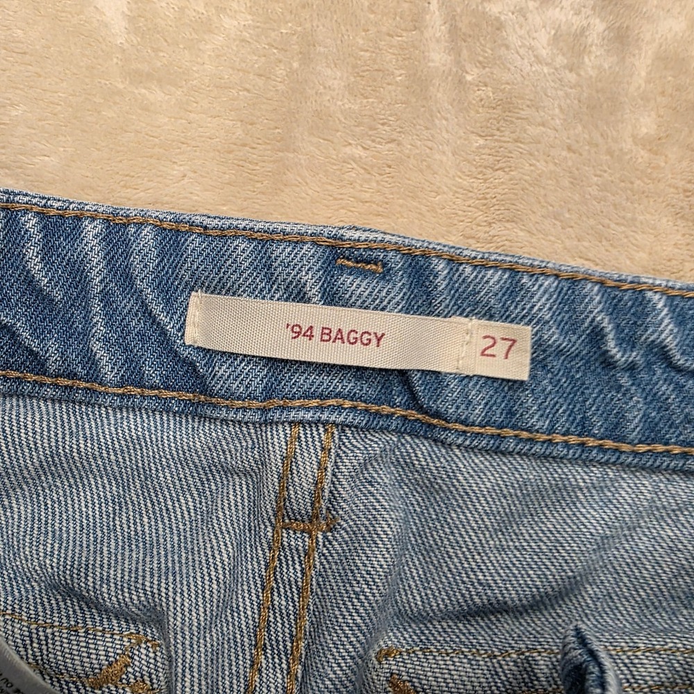 Levi's 94 Baggy Cargo Jeans W27 L32 Blue Denim Utility Distressed Adjustable Hem - Picture 6 of 10